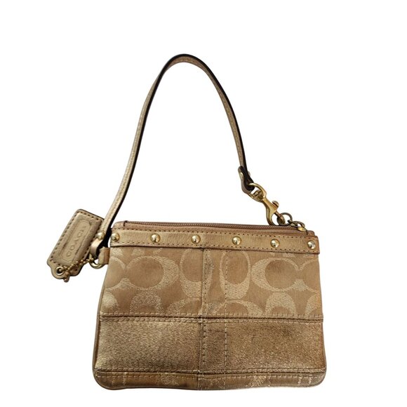 Coach Signature Metallic Wristlet Purse Handbag Clutch Gold Tone Canvas Leather - Picture 1 of 6